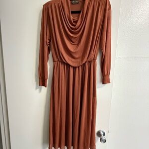 Vintage Elegant Rust Dress Brown Midi Long Sleeves M